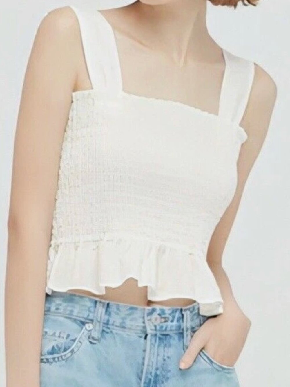 Uniqlo Smocked Cotton Crop Top White Medium NWT Cottagecore Coastal